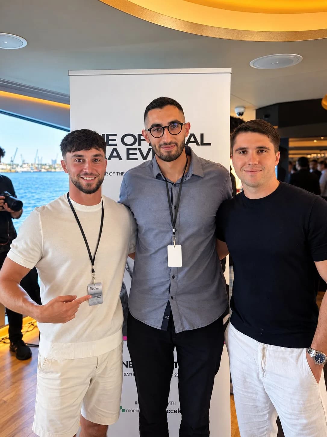 Moe Dhaini with Liam Ottley and Josh Brown, founders of the AAA Accelerator, Sydney Harbour, October 2025